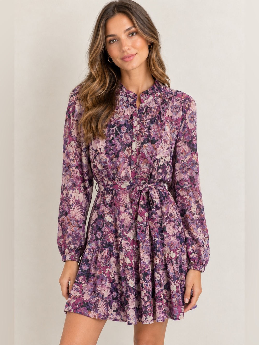 Loft Purple Floral Tie-Waist Long Sleeve Mini Dress Size XL Garden Cottagecore